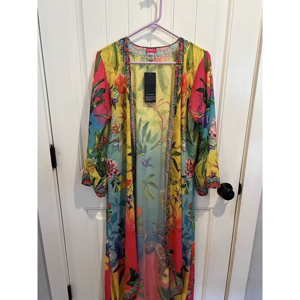 Ranee’s L/XL TROPICAL FLORAL EMBELLISHED DUSTER KIMONO COVER-UP BEADED INDIA